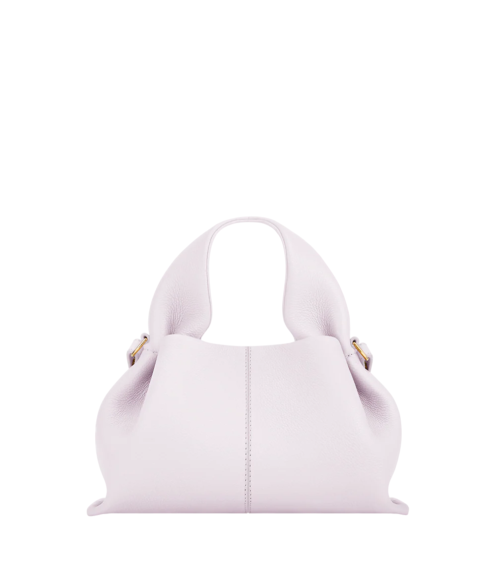 Modern Minimalist Editorial Look Featuring Draped Sage Grey Tailoring with Structured Soft Lilac Leather Crossbody Top Handle Handbag – Elegant Quiet Luxury Womenswear Fashion Style