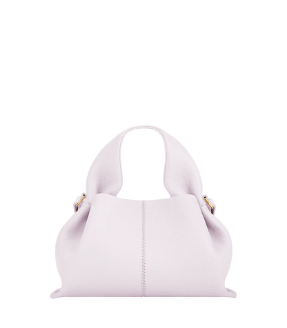 Modern Minimalist Editorial Look Featuring Draped Sage Grey Tailoring with Structured Soft Lilac Leather Crossbody Top Handle Handbag – Elegant Quiet Luxury Womenswear Fashion Style