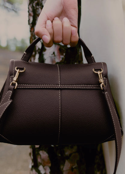 Dark Brown Pebbled Leather Top-Handle Handbag with Contrast Stitching