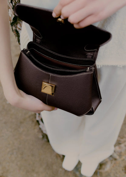 Dark Brown Pebbled Leather Top-Handle Handbag with Contrast Stitching
