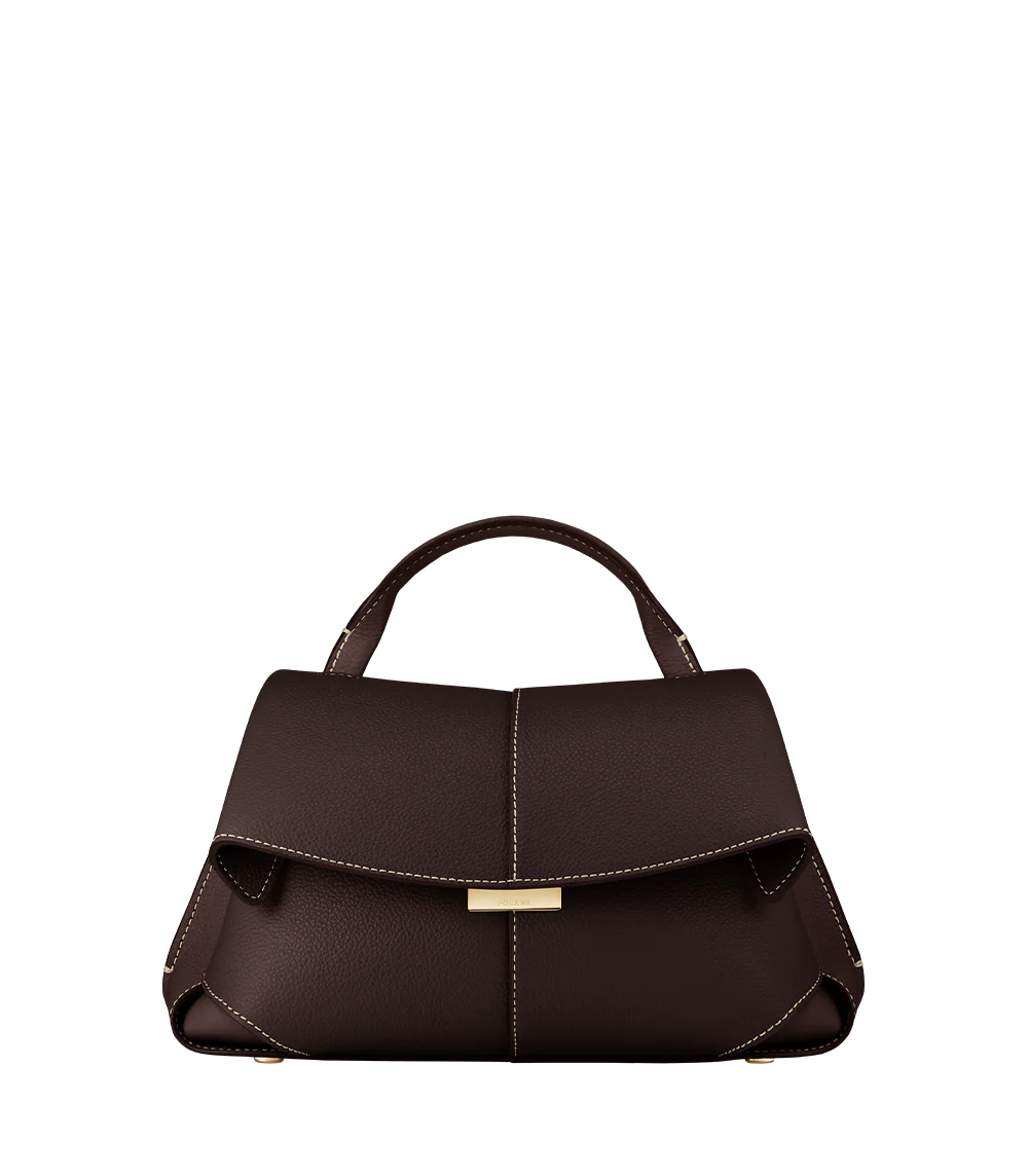 Dark Brown Pebbled Leather Top-Handle Handbag with Contrast Stitching