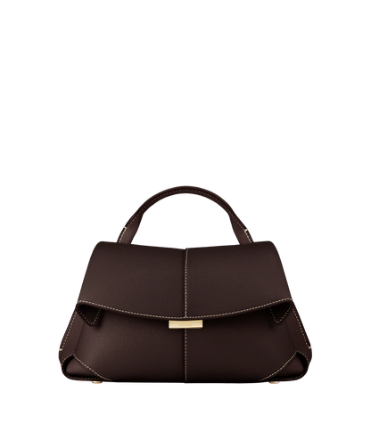 Dark Brown Pebbled Leather Top-Handle Handbag with Contrast Stitching