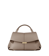 Taupe Leather Top-Handle Shoulder Bag Styled on Model in Neutral Sleeveless Dress