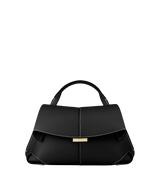 Elegant Black Pebbled Leather Top-Handle Handbag with Fold-Over Flap, Contrast Stitching, and Gold-Tone Hardware