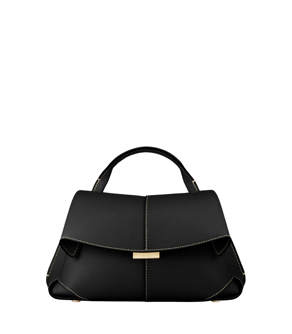 Elegant Black Pebbled Leather Top-Handle Handbag with Fold-Over Flap, Contrast Stitching, and Gold-Tone Hardware