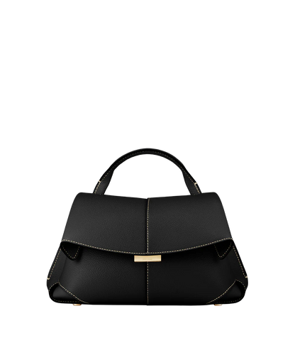 Elegant Black Pebbled Leather Top-Handle Handbag with Fold-Over Flap, Contrast Stitching, and Gold-Tone Hardware