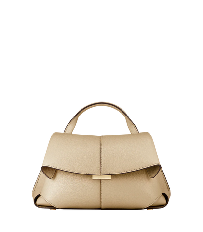 Elegant Beige Pebbled Leather Top-Handle Handbag with Fold-Over Flap and Minimalist Structured Silhouette Styled in Soft Neutral Look