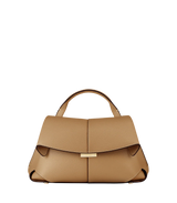 Elegant Camel Pebbled Leather Top-Handle Handbag with Fold-Over Flap, Adjustable Strap, and Gold-Tone Hardware Styled in Luxe Winter Look