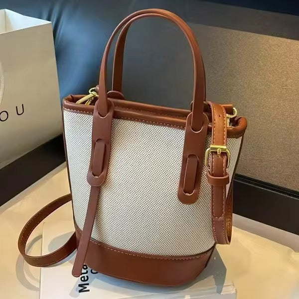 Beige Canvas & Brown Leather Bucket Tote Bag