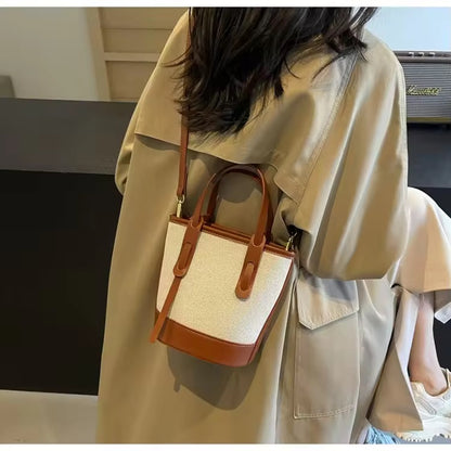 Beige Canvas & Brown Leather Bucket Tote Bag