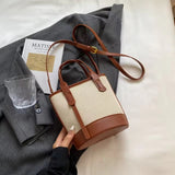 Beige Canvas & Brown Leather Bucket Tote Bag
