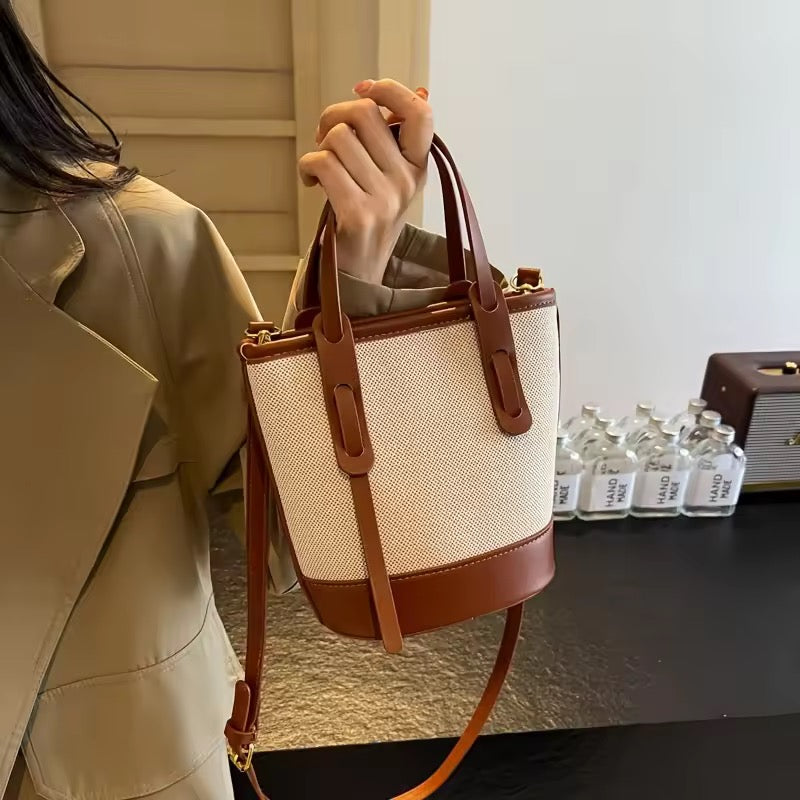 Beige Canvas & Brown Leather Bucket Tote Bag