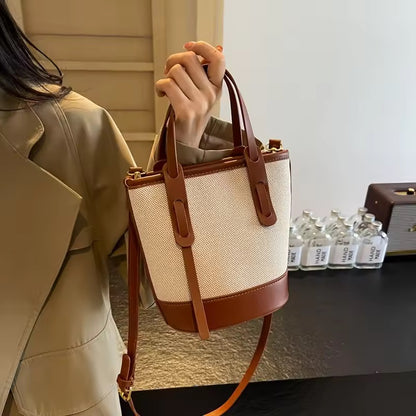 Beige Canvas & Brown Leather Bucket Tote Bag
