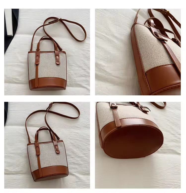 Beige Canvas & Brown Leather Bucket Tote Bag