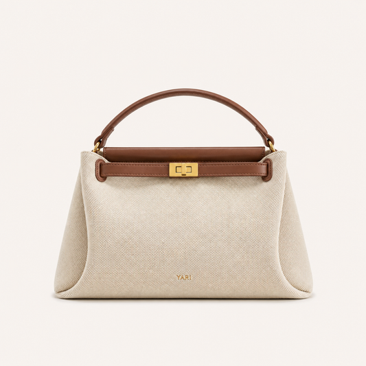 YARI Classic Top-Handle Bag – Ivory Canvas & Tan