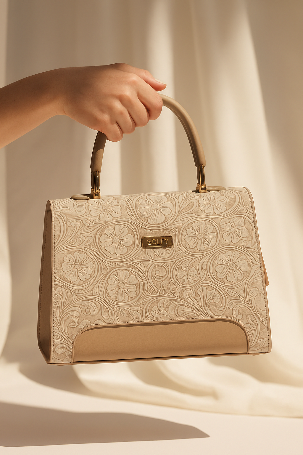 Luxury Beige Floral Embossed Slingbag with Golden Detailing