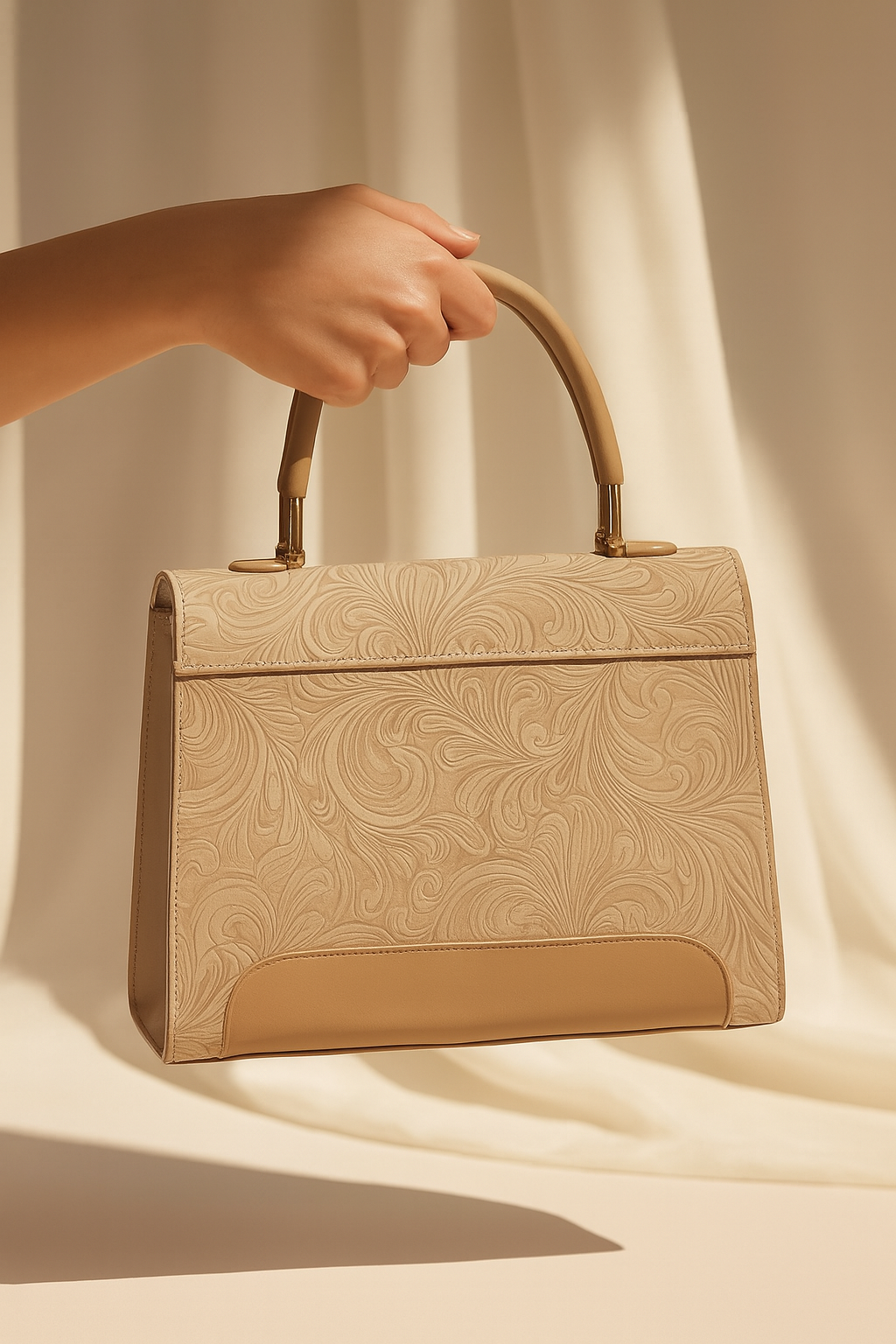 Luxury Beige Floral Embossed Slingbag with Golden Detailing