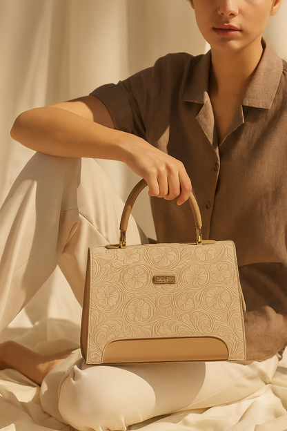 Luxury Beige Floral Embossed Slingbag with Golden Detailing