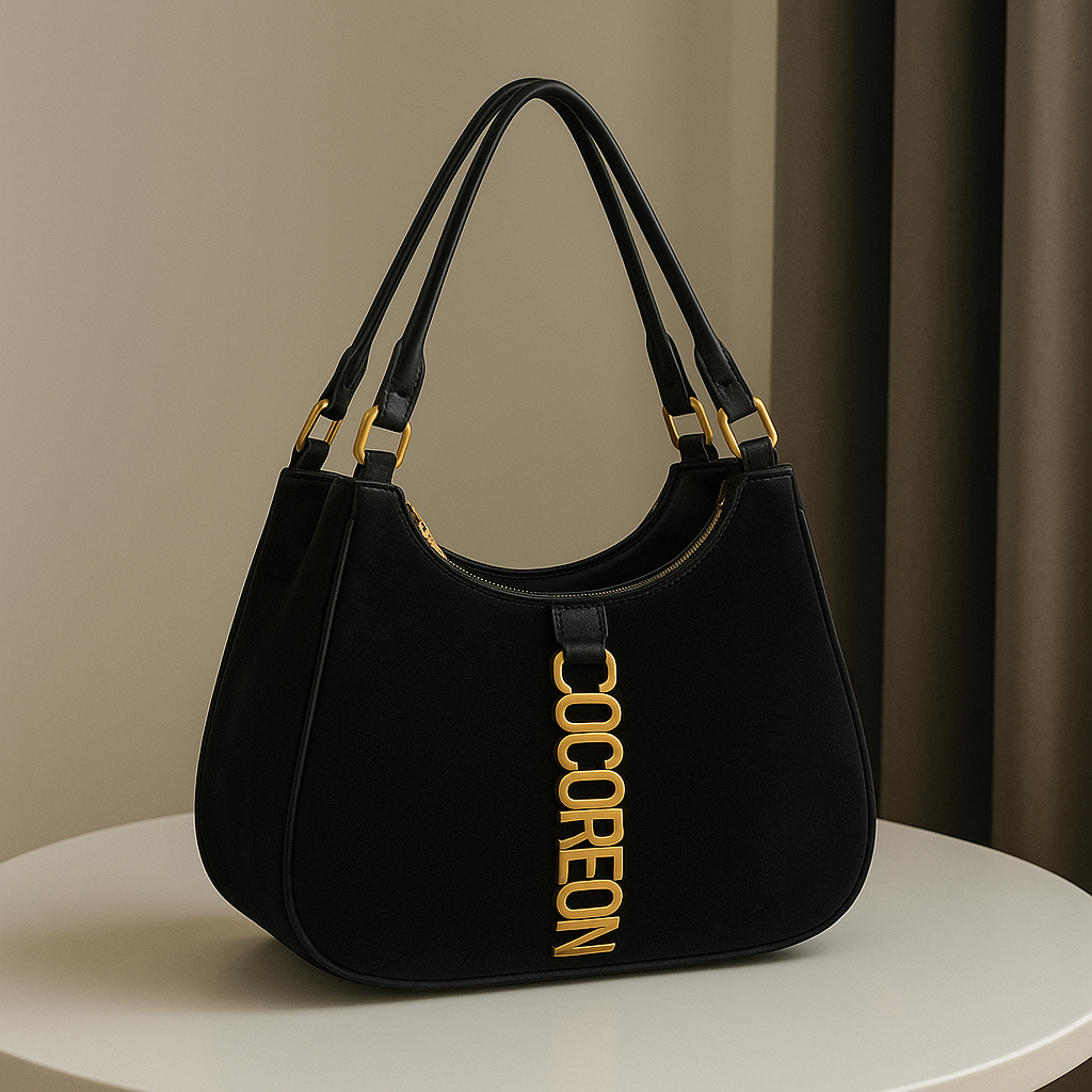 Luxury Black Double-Handle Crescent Shoulder Bag with Gold Alphabet Charm Accent