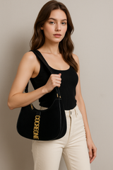Luxury Black Double-Handle Crescent Shoulder Bag with Gold Alphabet Charm Accent
