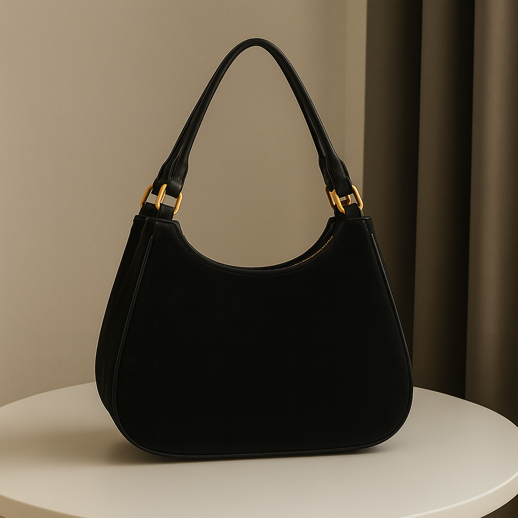 Luxury Black Double-Handle Crescent Shoulder Bag with Gold Alphabet Charm Accent