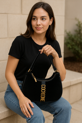 Luxury Black Double-Handle Crescent Shoulder Bag with Gold Alphabet Charm Accent