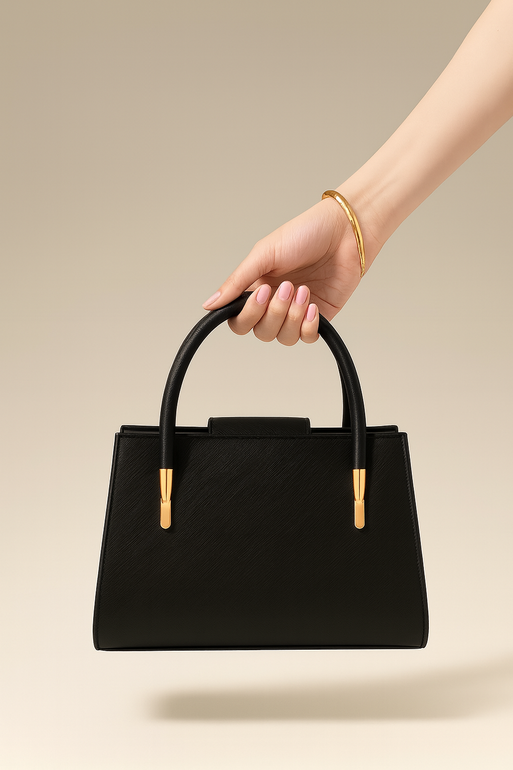 Luxury Black Structured Handbag with Golden Ring