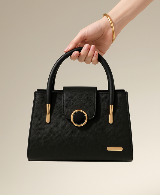 Luxury Black Structured Handbag with Golden Ring