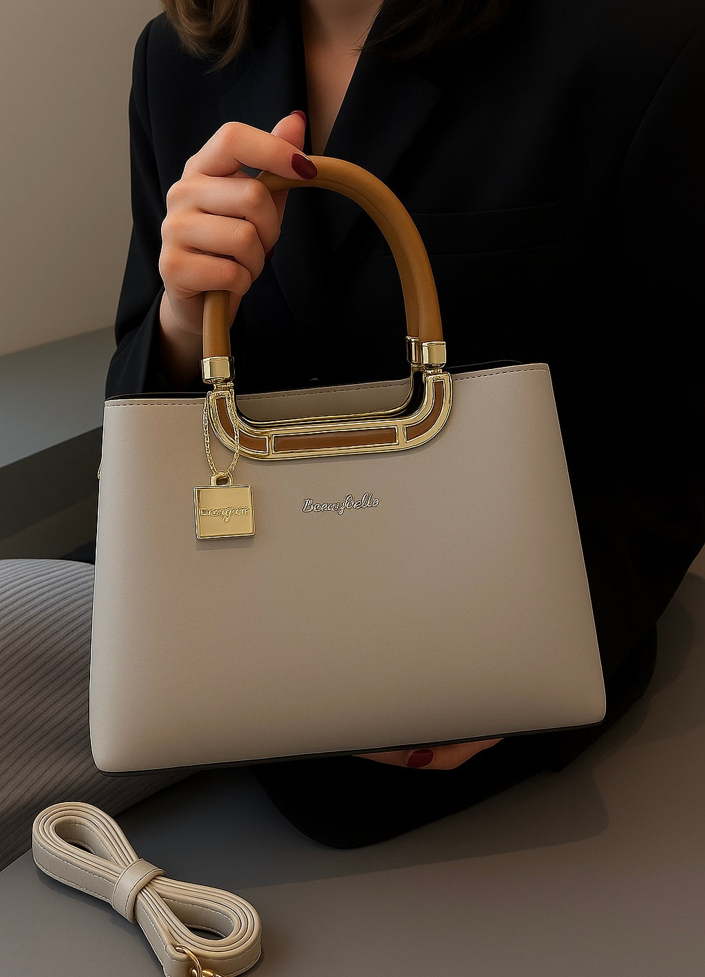 Luxury Designer Handbag for Women – Elegant Structured Tote with Dual Handles and Detachable Strap