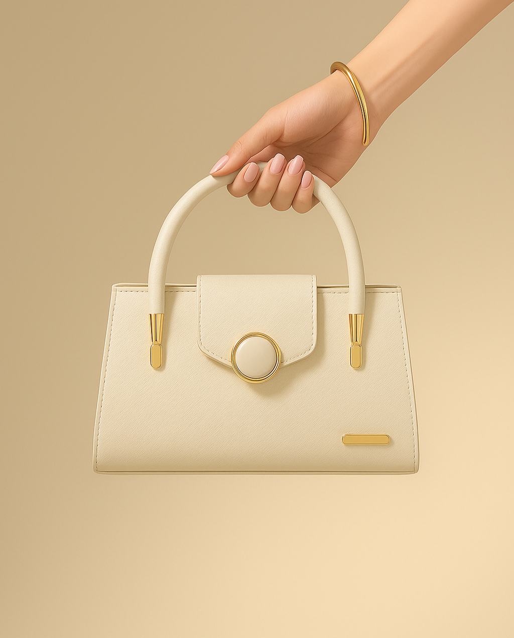 Luxury Off-White Structured Handbag with Golden Ring