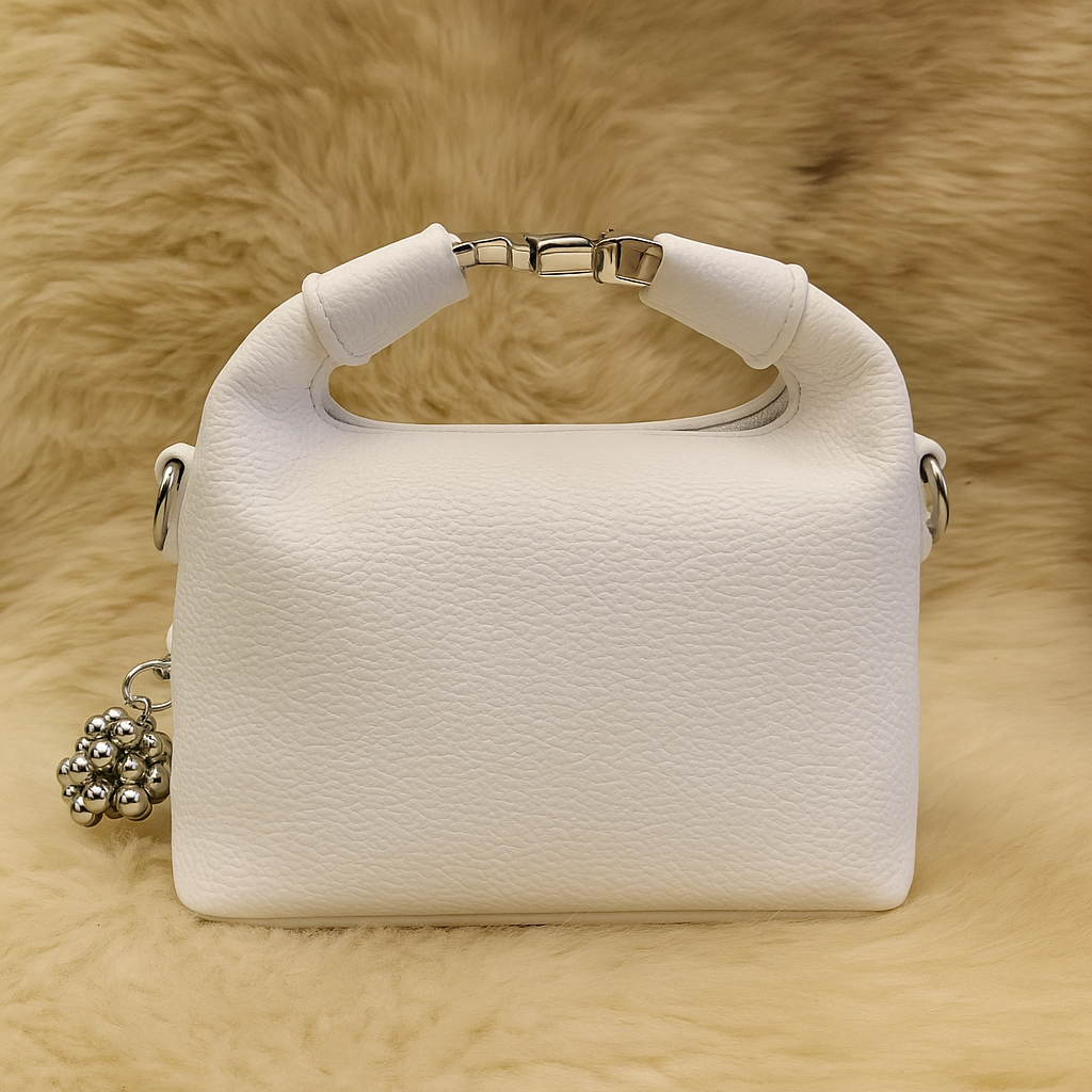 Luxury White Soft-Texture Sling Bag with Metal Logo & Premium Charm Detail