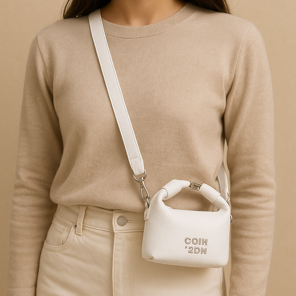 Luxury White Soft-Texture Sling Bag with Metal Logo & Premium Charm Detail