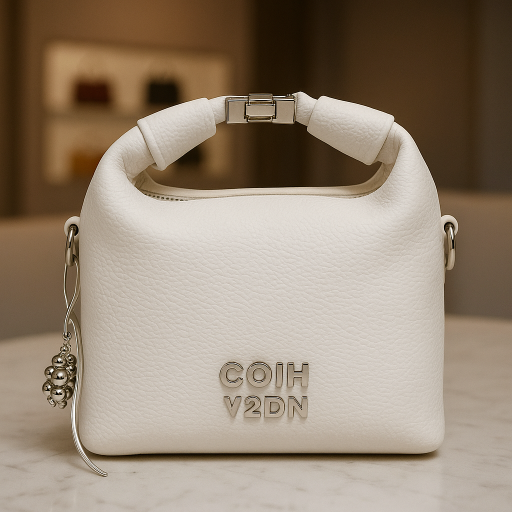 Luxury White Soft-Texture Sling Bag with Metal Logo & Premium Charm Detail