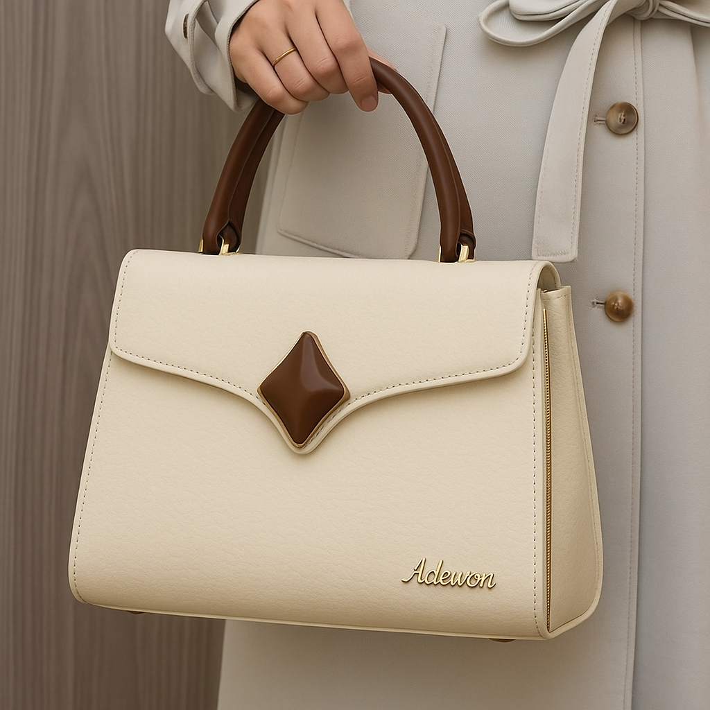 Premium White Textured Handbag with Golden Diamond