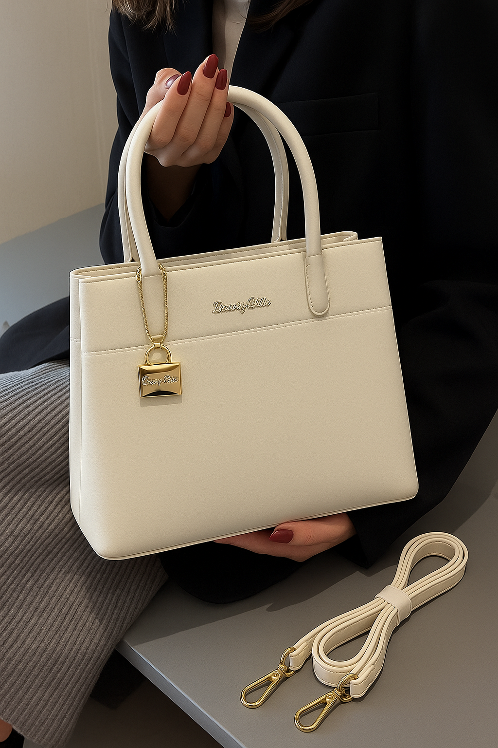 Off-White Classic Premium PU Leather Tote Handbag with Dual Handles & Detachable Sling Strap