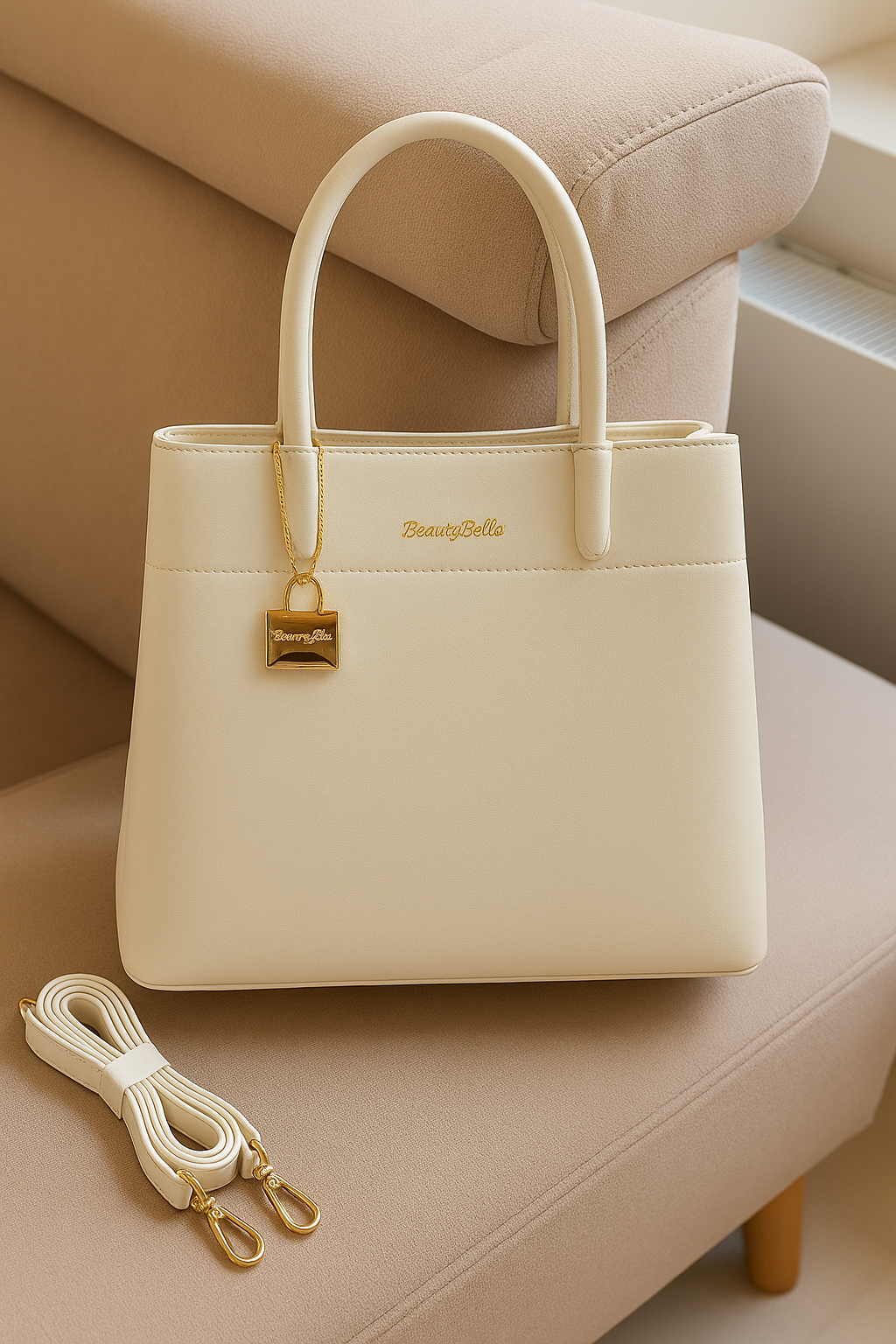 Off-White Classic Premium PU Leather Tote Handbag with Dual Handles & Detachable Sling Strap
