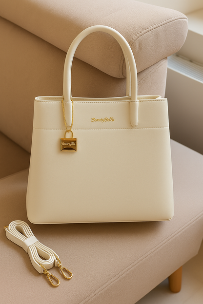 Off-White Classic Premium PU Leather Tote Handbag with Dual Handles & Detachable Sling Strap