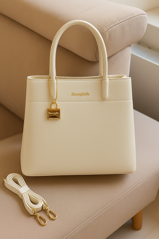 Off-White Classic Premium PU Leather Tote Handbag with Dual Handles & Detachable Sling Strap
