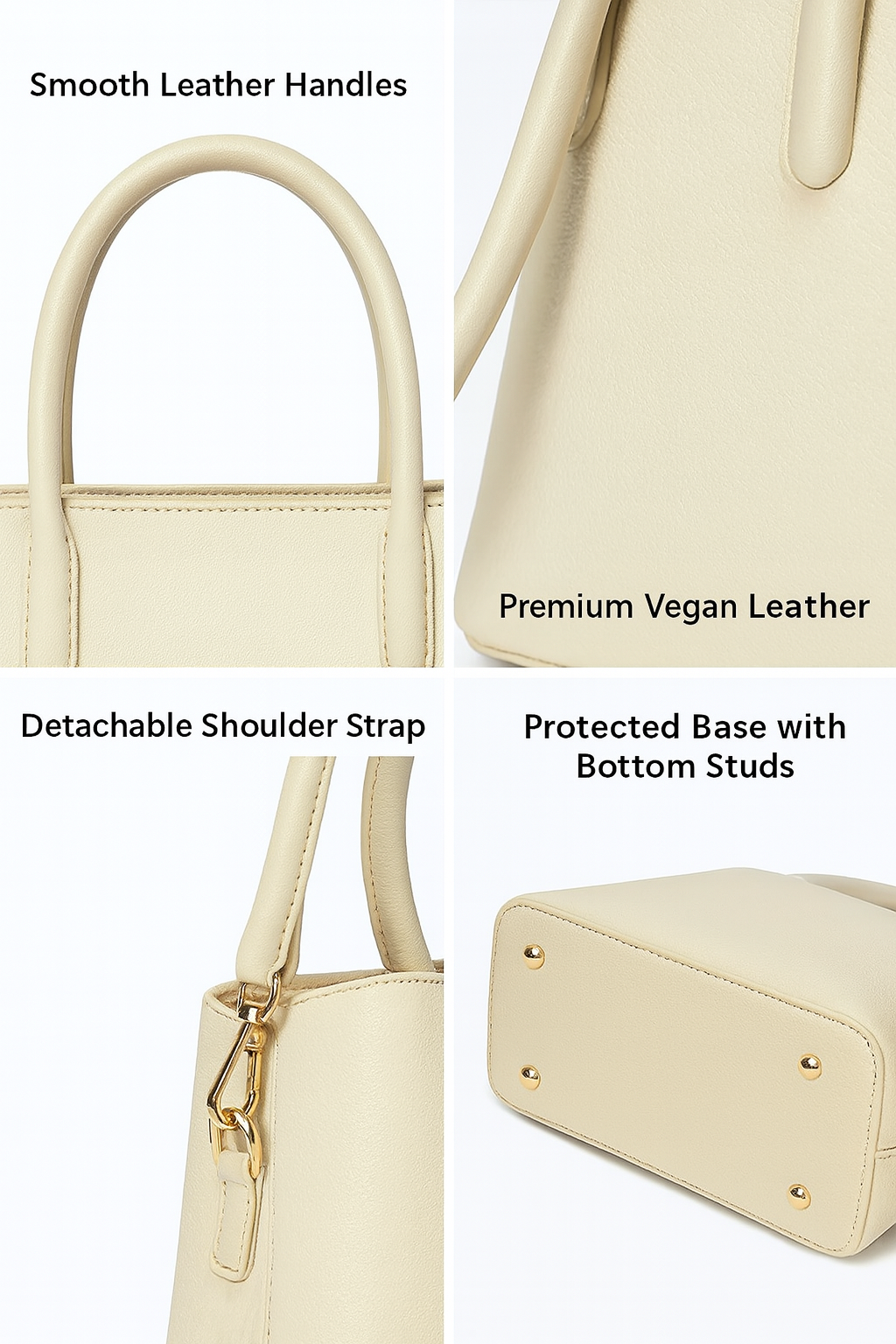 Off-White Classic Premium PU Leather Tote Handbag with Dual Handles & Detachable Sling Strap