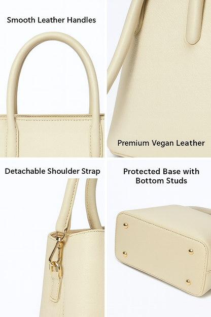 Off-White Classic Premium PU Leather Tote Handbag with Dual Handles & Detachable Sling Strap