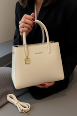 Off White Elegant Premium PU Leather Structured  Handbag with Dual Handles & Detachable Sling Strap