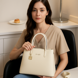 Off White Elegant Premium PU Leather Structured  Handbag with Dual Handles & Detachable Sling Strap