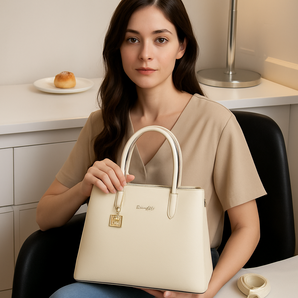 Off White Elegant Premium PU Leather Structured  Handbag with Dual Handles & Detachable Sling Strap