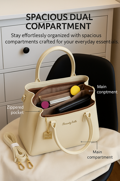 Off White Elegant Premium PU Leather Structured  Handbag with Dual Handles & Detachable Sling Strap