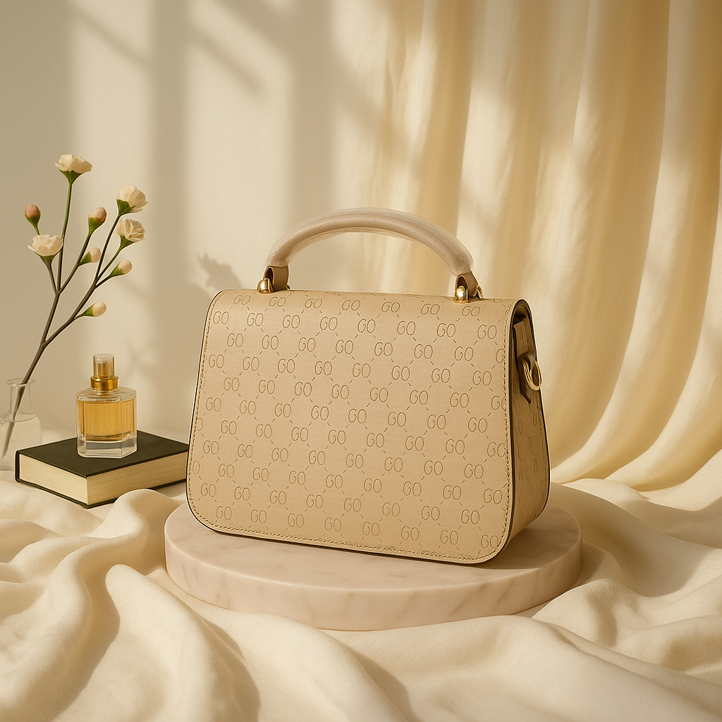 Premium Beige Textured Handbag with Gold Accents