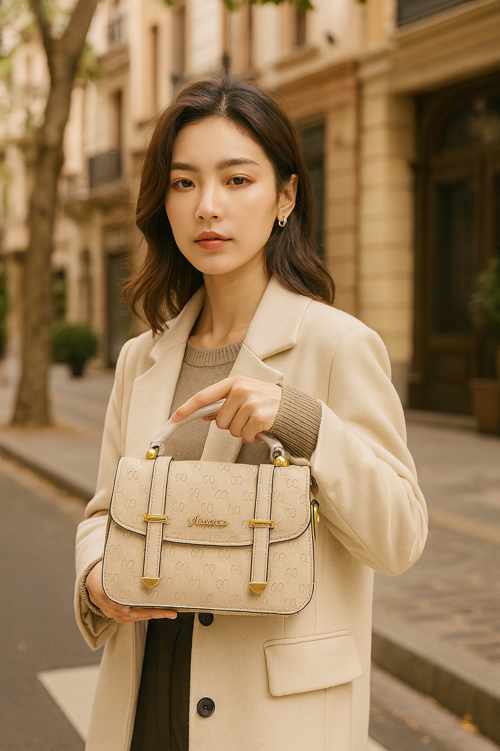 Premium Beige Textured Handbag with Gold Accents