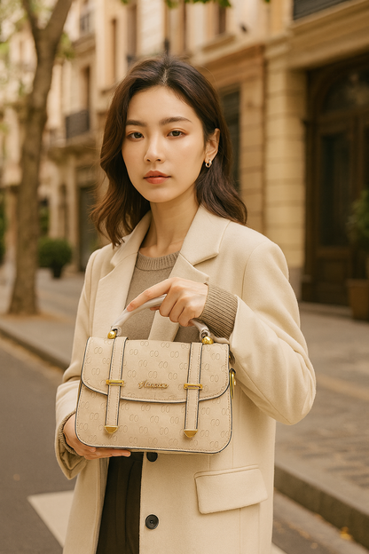 Premium Beige Textured Handbag with Gold Accents