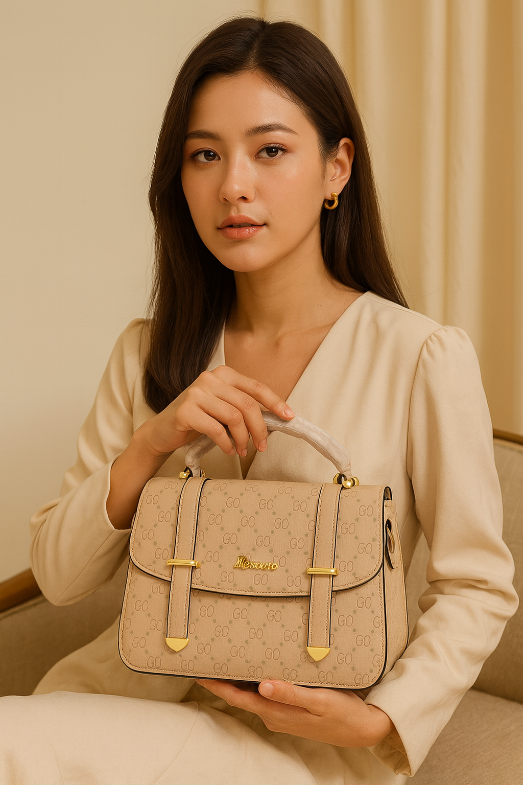 Premium Beige Textured Handbag with Gold Accents