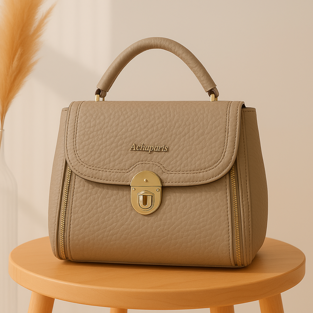 Premium Beige Textured Handbag with Golden Lock Closure