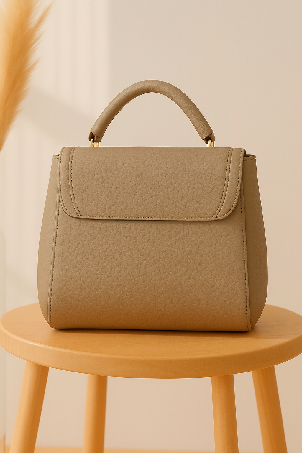 Premium Beige Textured Handbag with Golden Lock Closure